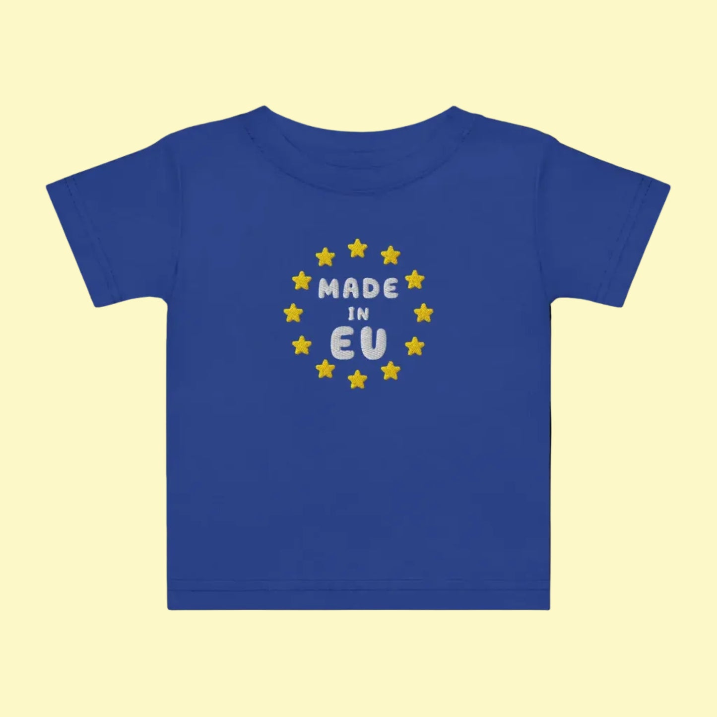 Navy Blue "Made in EU" Embroidered Baby T-shirt Front View
