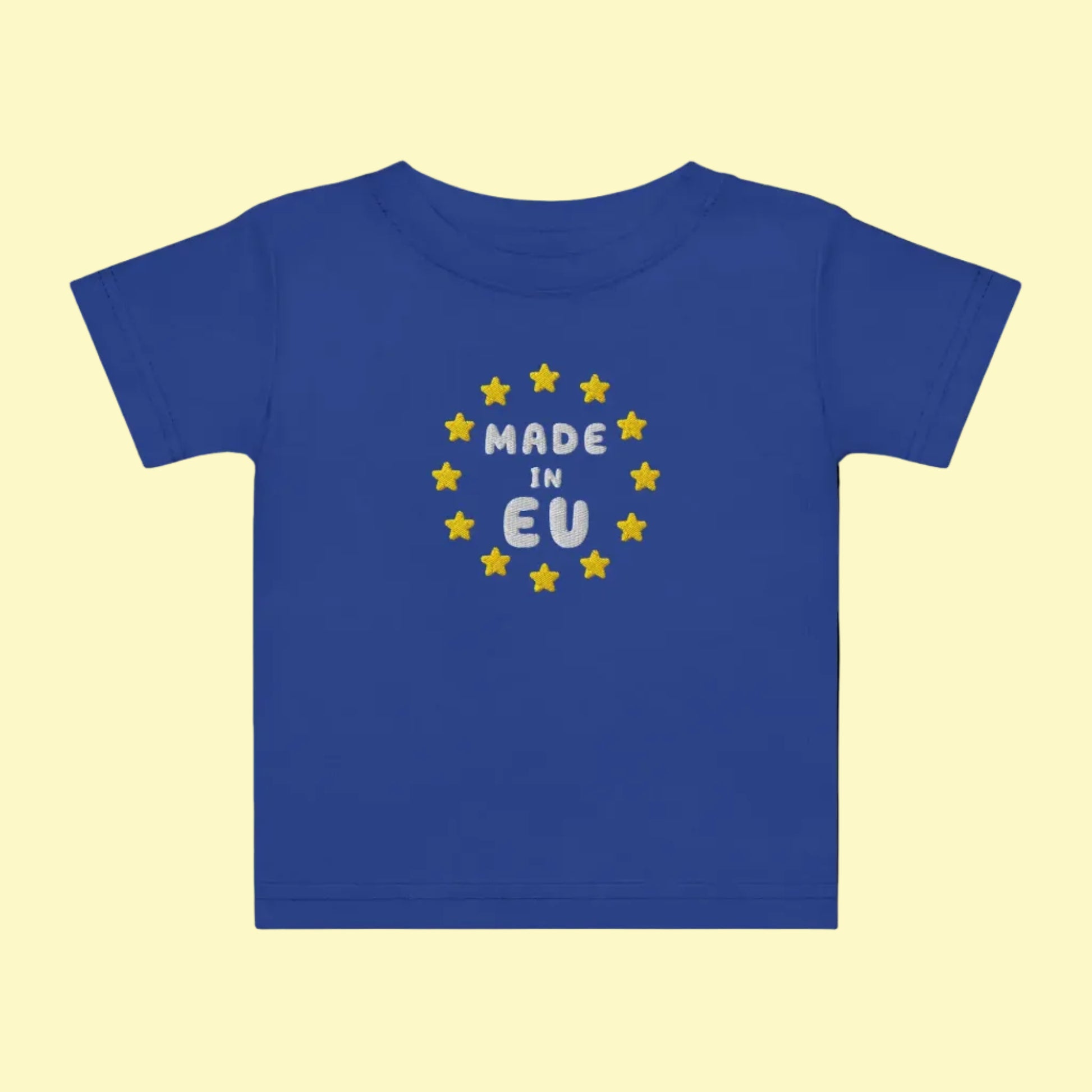 Navy Blue "Made in EU" Embroidered Baby T-shirt Front View