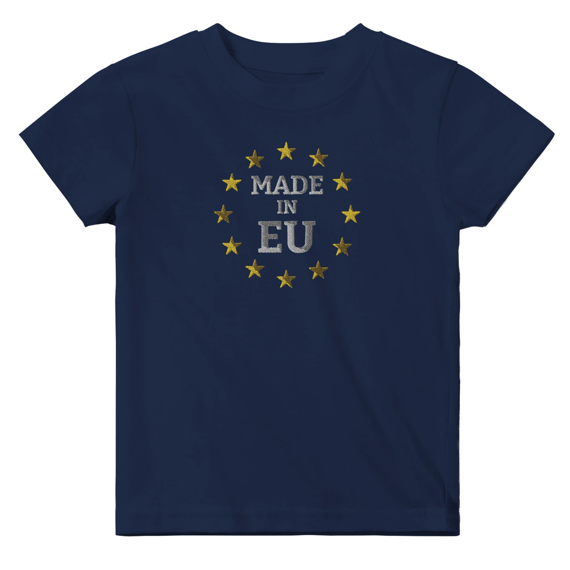 Navy Blue "Made in EU" Embroidered Baby T-shirt Front View