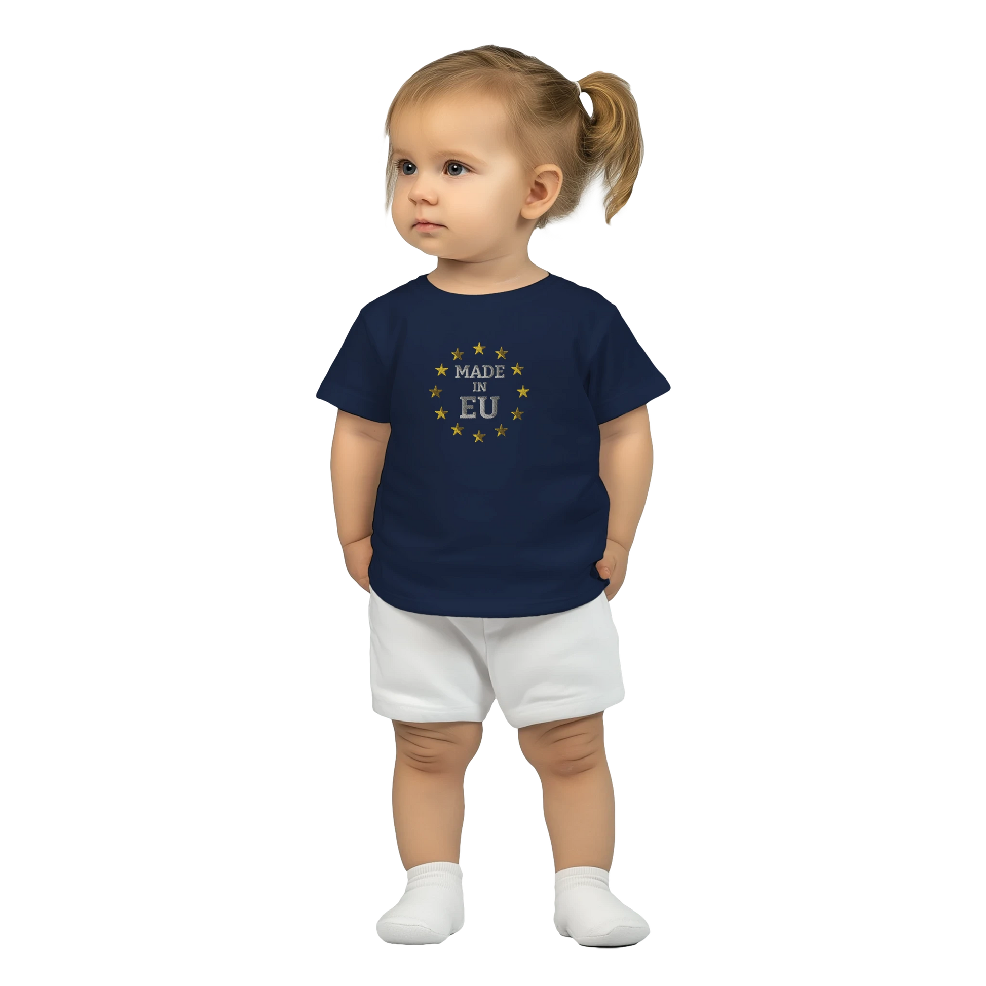 Navy Blue "Made in EU" Embroidered Baby T-shirt on an AI Baby Boy Front View