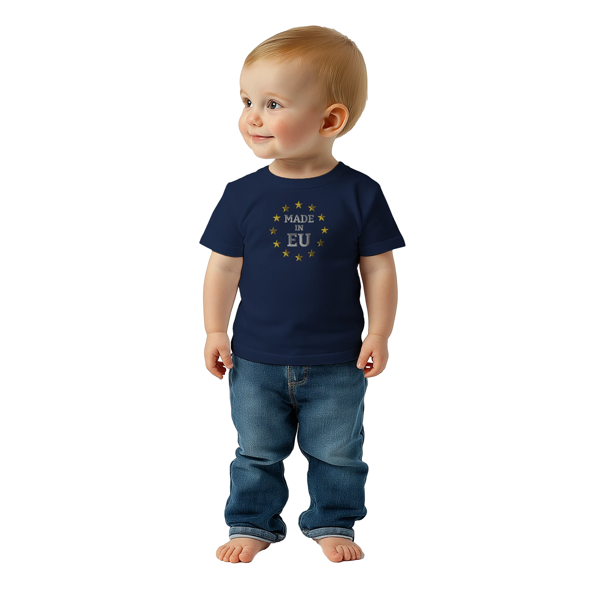 Navy Blue "Made in EU" Embroidered Baby T-shirt on an AI Baby Girl Front View