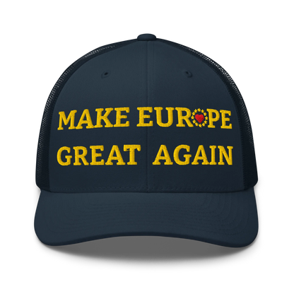 Navy Blue "Make Europe Great Again" / MEGA Trucker Cap with "Show the Love for EU" emblem Front View