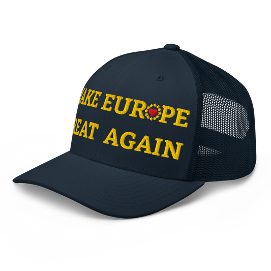 Navy Blue "Make Europe Great Again" / MEGA Trucker Cap with "Show the Love for EU" emblem Left Front View