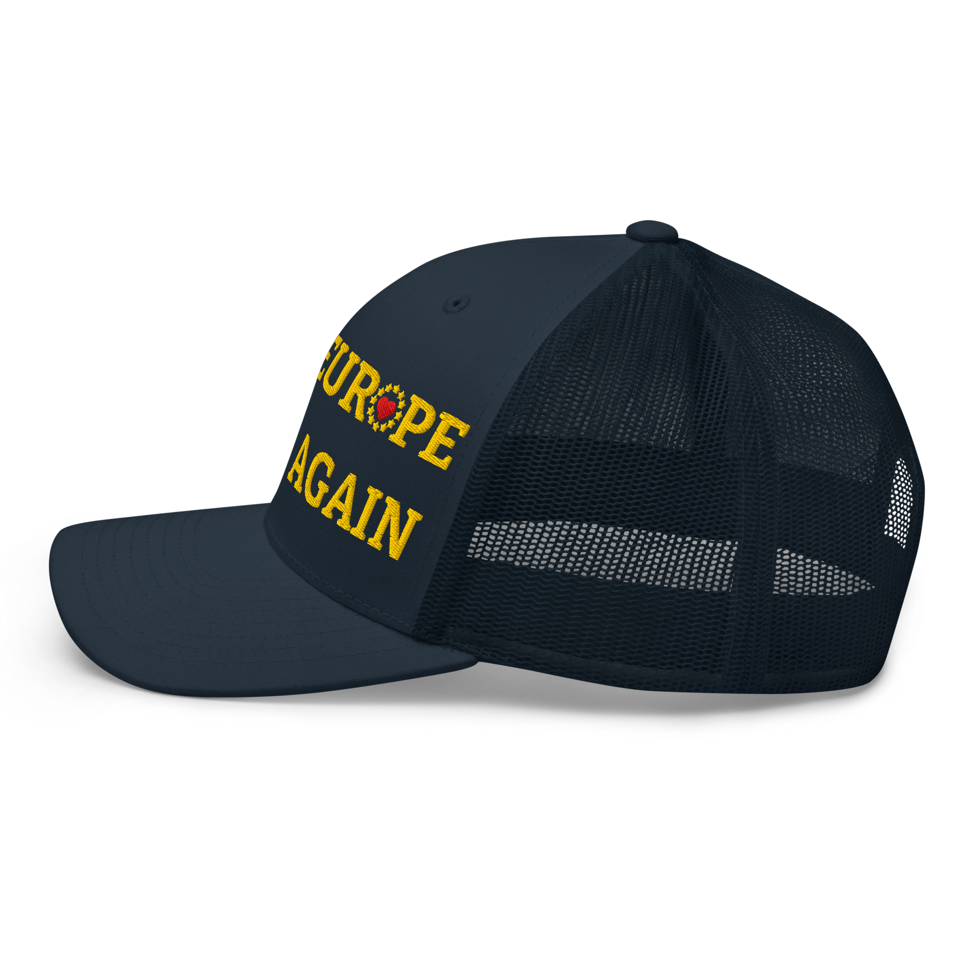 Navy Blue "Make Europe Great Again" / MEGA Trucker Cap with "Show the Love for EU" emblem Left View