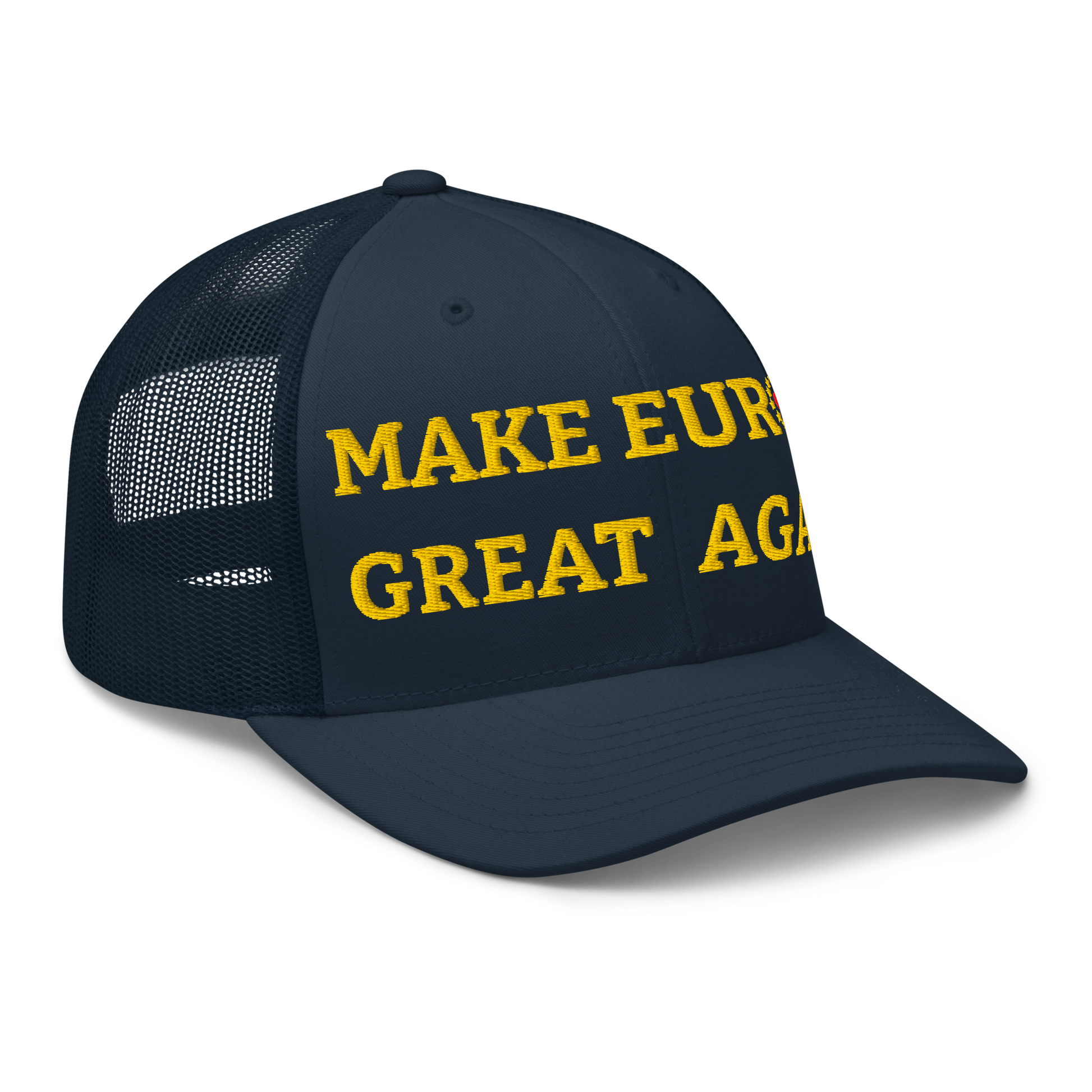 Navy Blue "Make Europe Great Again" / MEGA Trucker Cap with "Show the Love for EU" emblem Right Front View