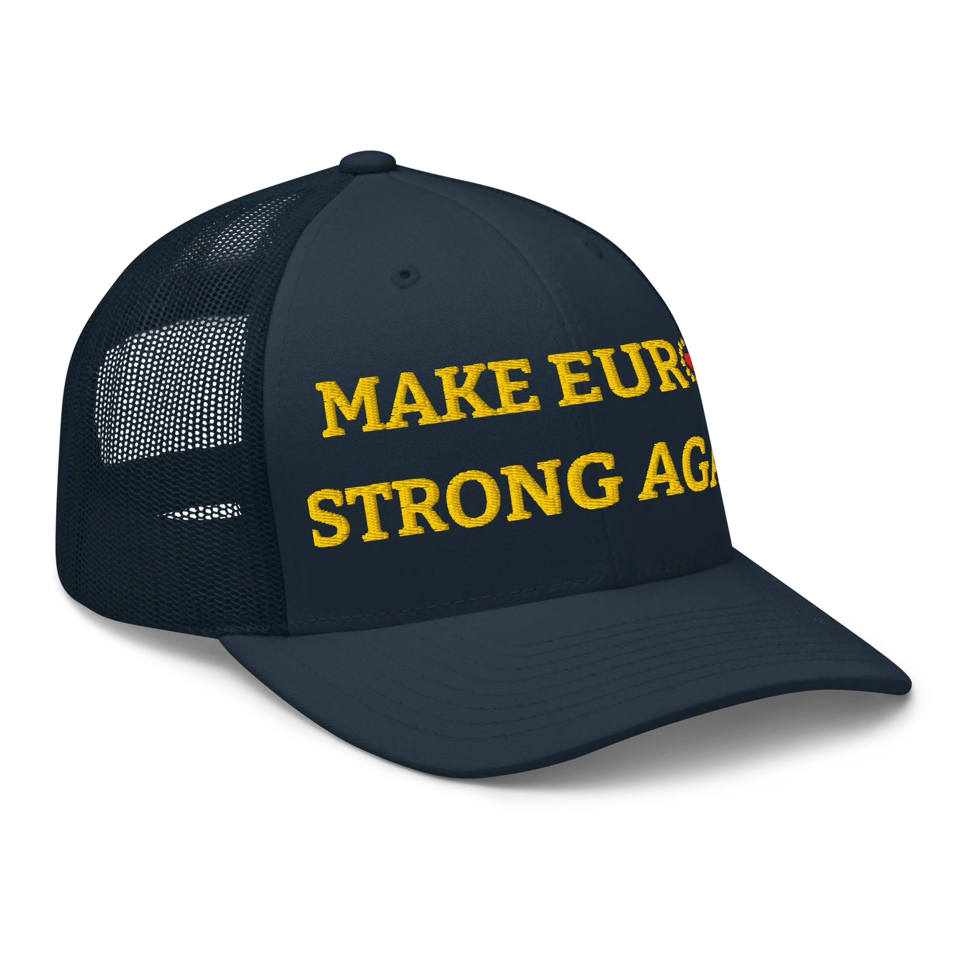 Navy Blue "Make Europe Strong Again" / MESA Trucker Cap with "Show the Love for Europe" emblem Right Front View
