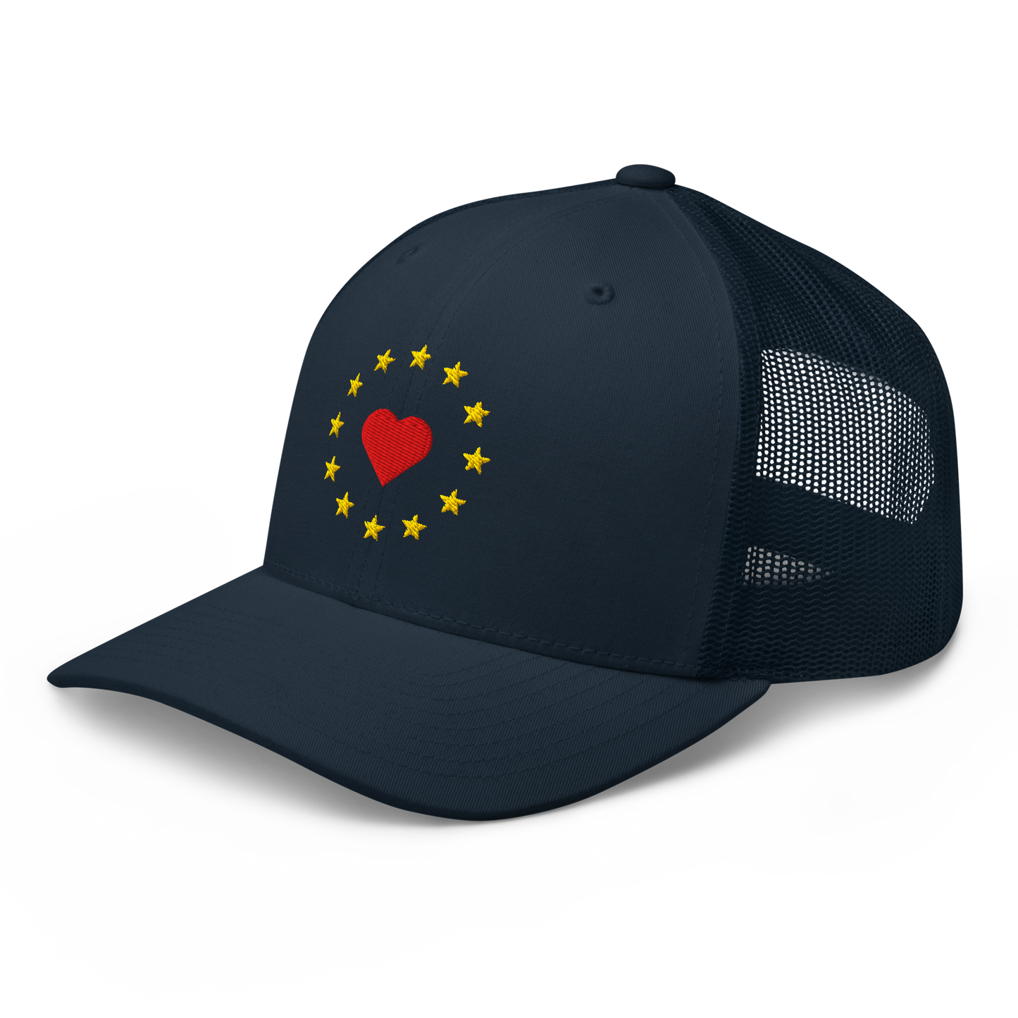 Navy Blue "Show the Love for EU" Trucker Cap Left Front View
