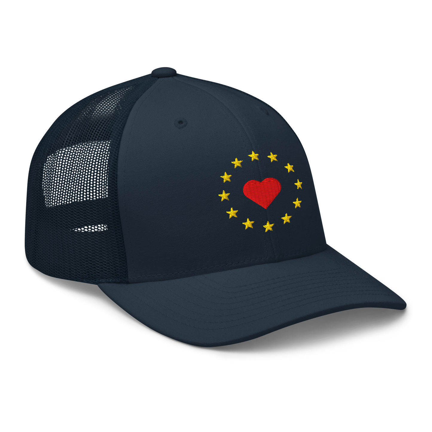 Navy Blue "Show the Love for EU" Trucker Cap Right Front View