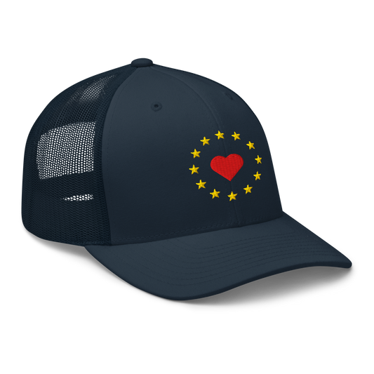 Navy Blue "Show the Love for EU" Trucker Cap Right Front View