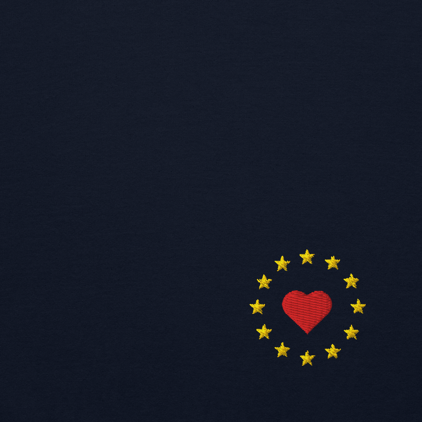 Navy Blue "Show the Love for EU" Unisex Sweatshirt Design Close-Up View