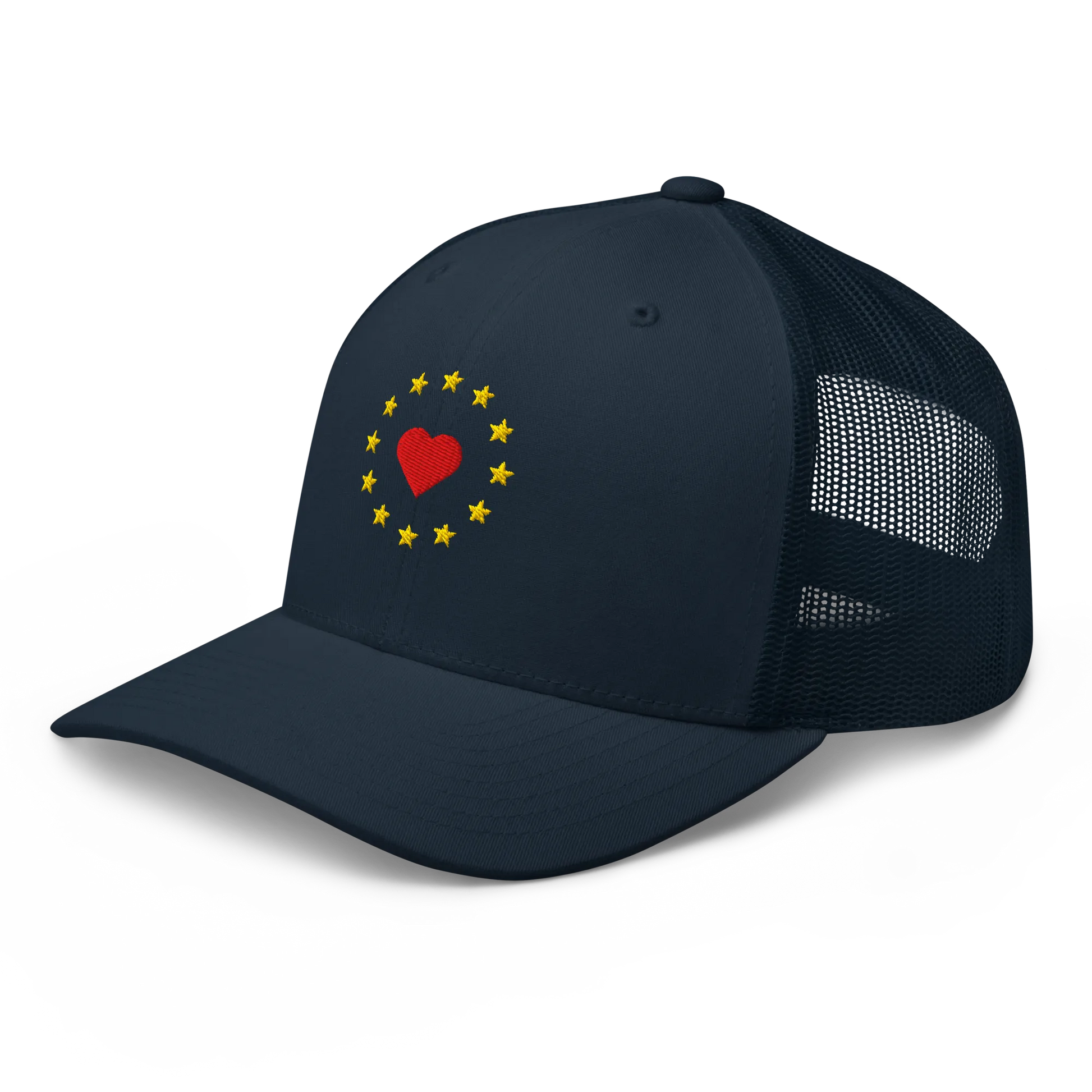 Navy Blue "Show the Love for Europe" Trucker Cap with Left Front View
