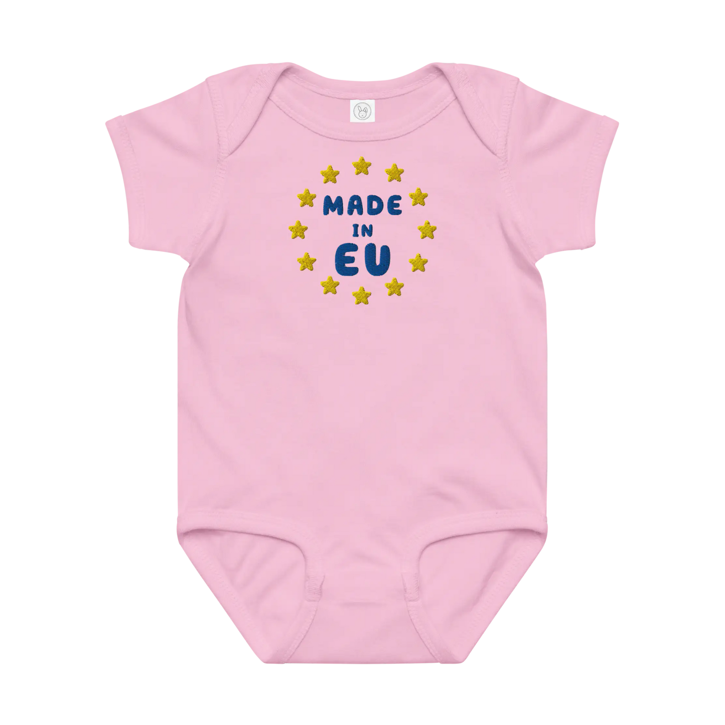 Pink "Made in EU" Embroidered Baby Bodysuit Front View