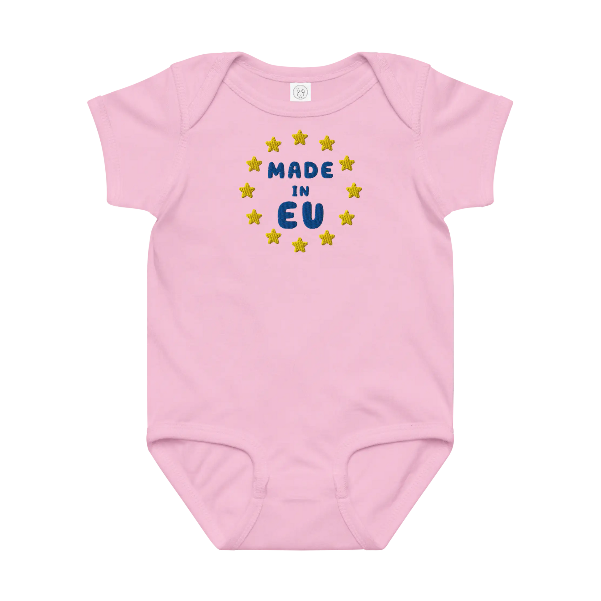 Pink "Made in EU" Embroidered Baby Bodysuit Front View