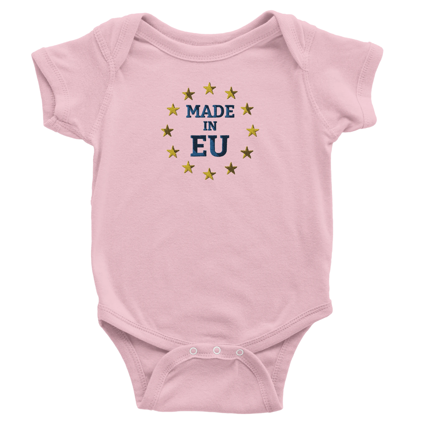 Pink "Made in EU" Embroidered Baby Bodysuit Front View