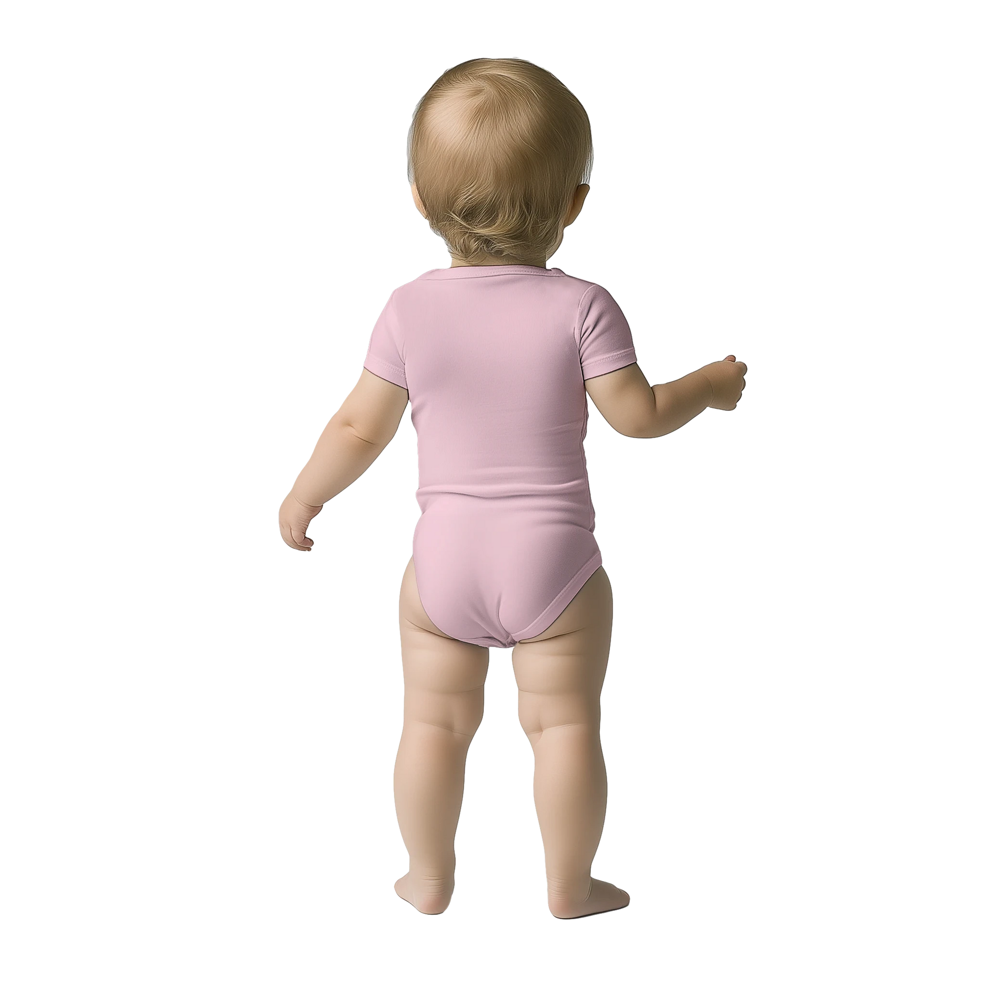 Pink "Made in EU" Embroidered Baby Bodysuit on an AI Toddler Back View