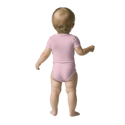 Pink "Made in EU" Embroidered Baby Bodysuit on an AI Toddler Back View