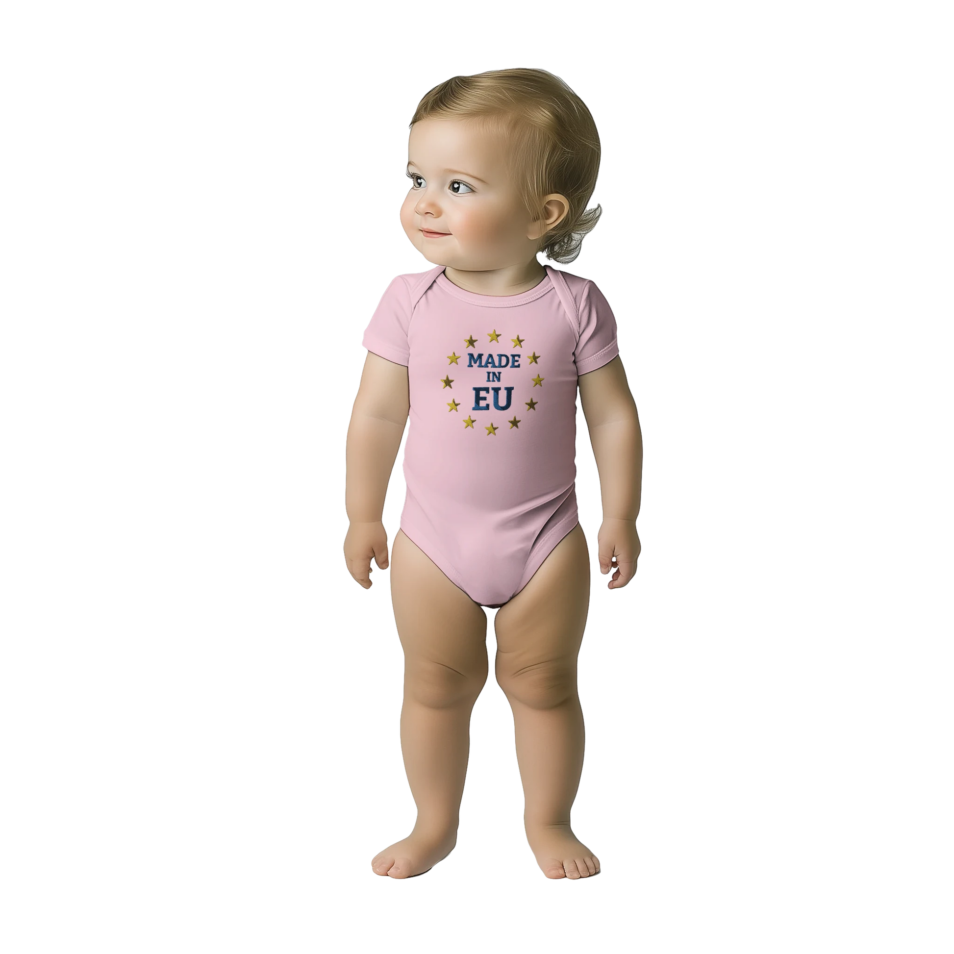 Pink "Made in EU" Embroidered Baby Bodysuit on an AI Toddler Front View