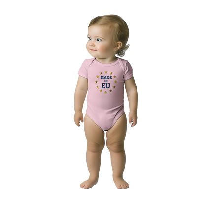 Pink "Made in EU" Embroidered Baby Bodysuit on an AI Toddler Front View