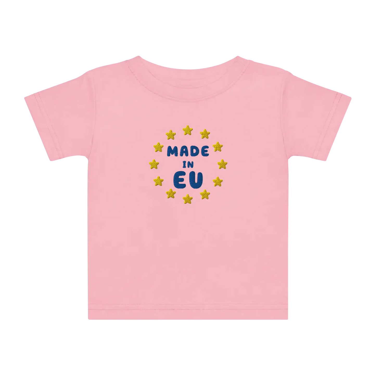 Pink "Made in EU" Embroidered Baby T-shirt Front View