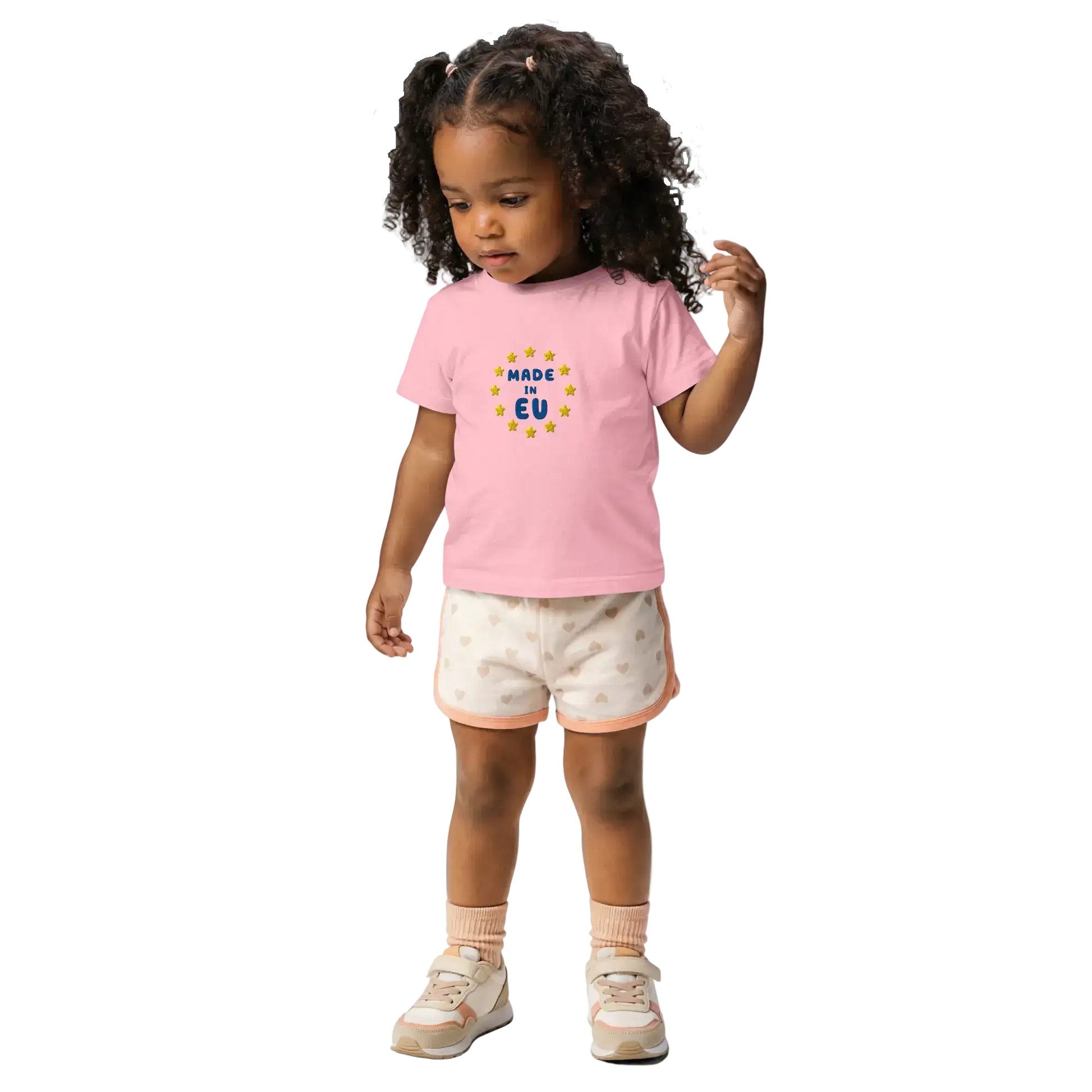 Pink "Made in EU" Embroidered Baby T-shirt on a Girl Front View