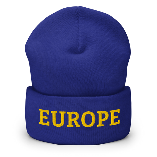 Royal Blue "EUROPE" Cuffed Beanie Front View