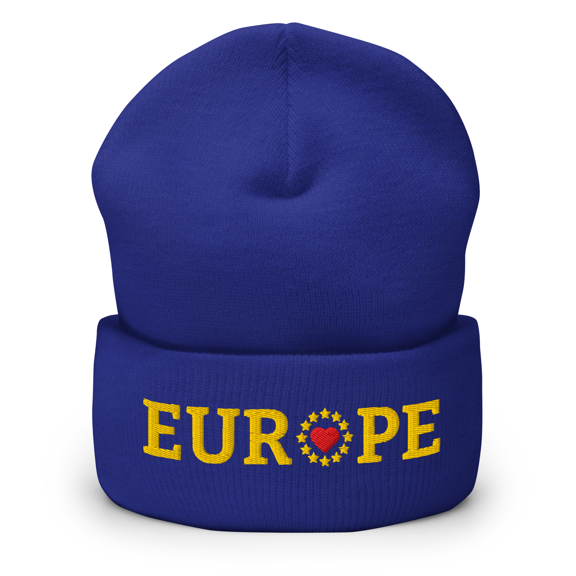 Royal Blue "EUROPE" Cuffed Beanie with "Show the Love for EU" emblem Front View