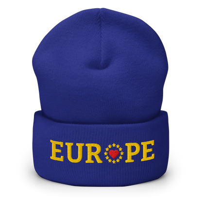 Royal Blue "EUROPE" Cuffed Beanie with "Show the Love for Europe" emblem Front View