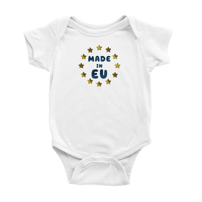 White "Made in EU" Embroidered Baby Bodysuit Front View
