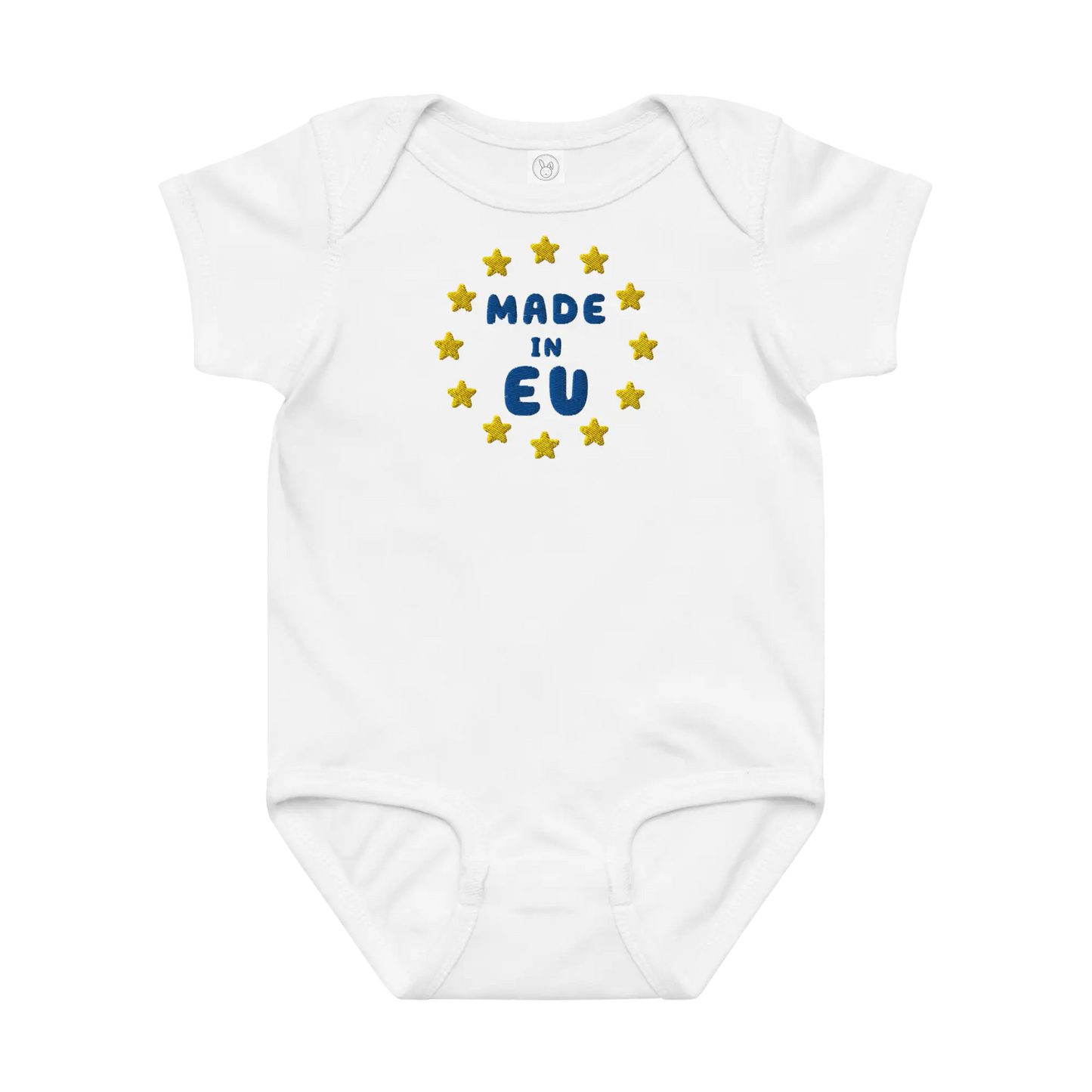 White "Made in EU" Embroidered Baby Bodysuit Front View