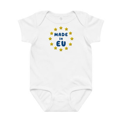 White "Made in EU" Embroidered Baby Bodysuit Front View