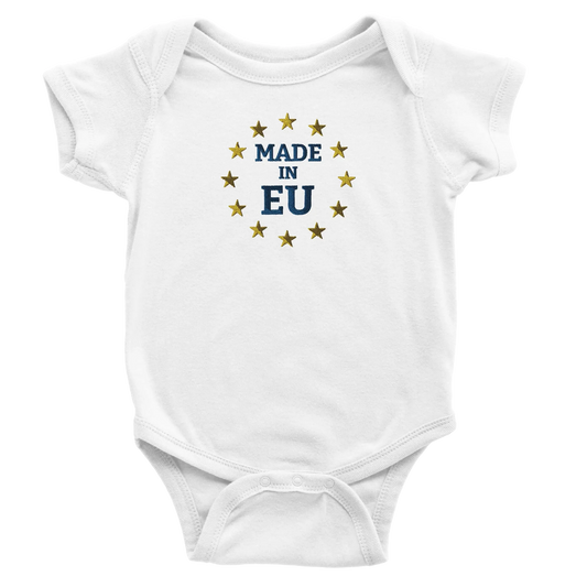 White "Made in EU" Embroidered Baby Bodysuit Front View