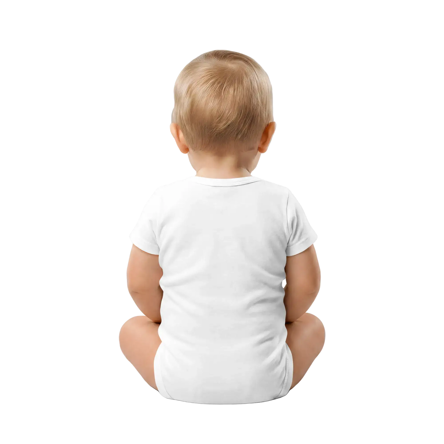 White "Made in EU" Embroidered Baby Bodysuit on a Toddler Back View
