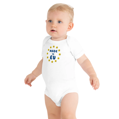 White "Made in EU" Embroidered Baby Bodysuit on a Toddler Front View
