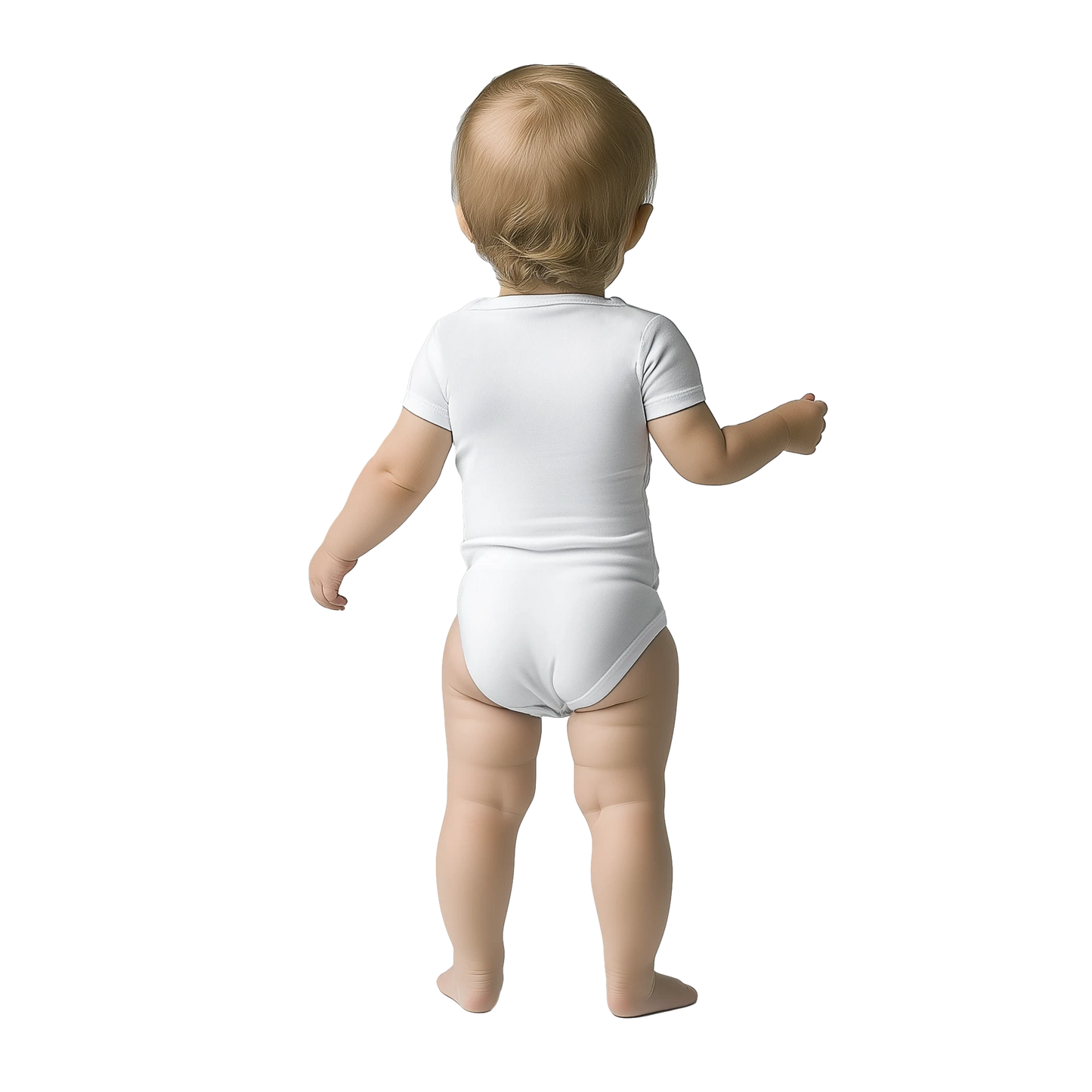 White "Made in EU" Embroidered Baby Bodysuit on an AI Toddler Back View