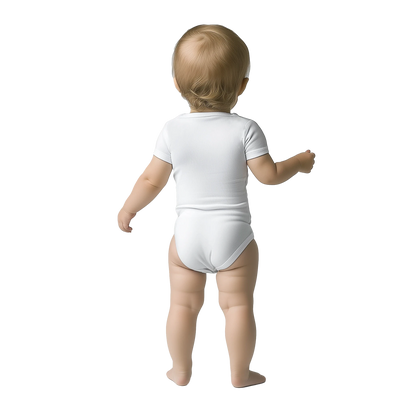 White "Made in EU" Embroidered Baby Bodysuit on an AI Toddler Back View