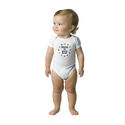 White "Made in EU" Embroidered Baby Bodysuit on an AI Toddler Front View