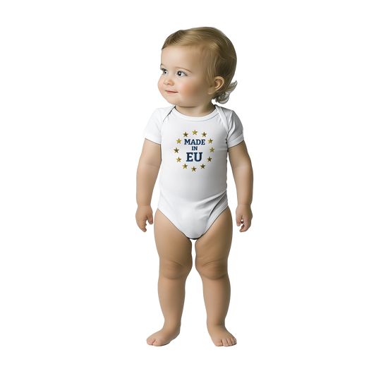 White "Made in EU" Embroidered Baby Bodysuit on an AI Toddler Front View