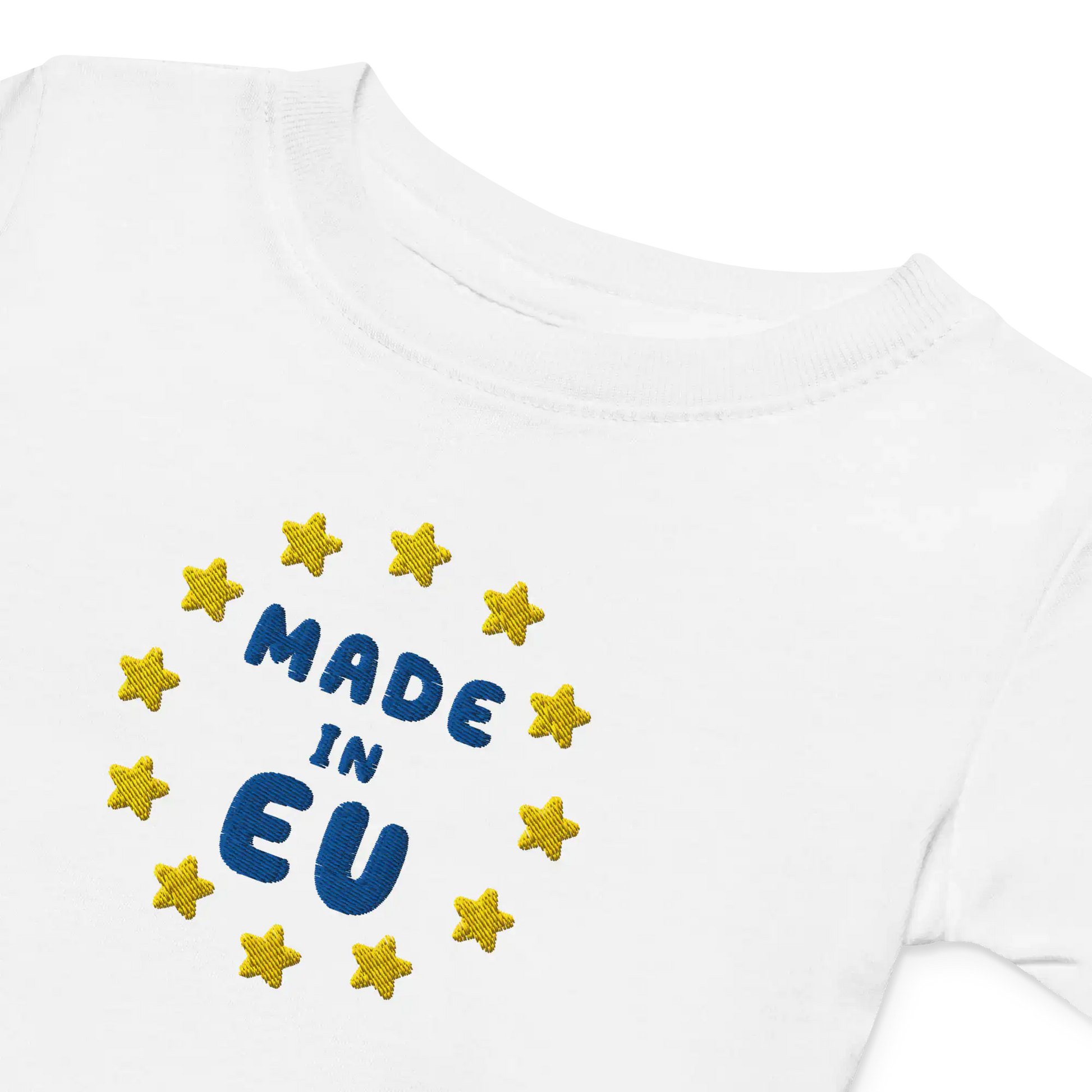 White "Made in EU" Embroidered Baby T-shirt Front View close-up