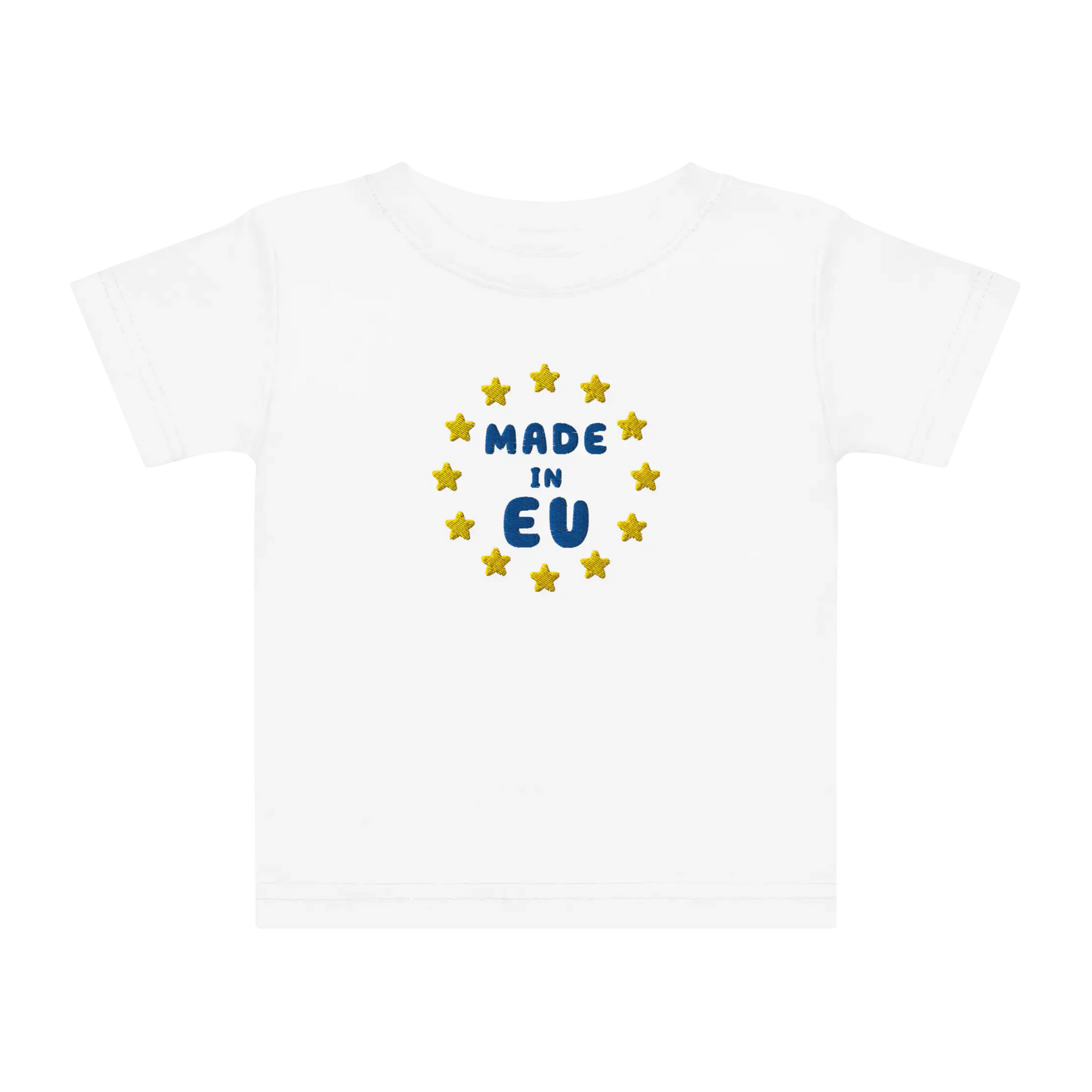 White "Made in EU" Embroidered Baby T-shirt Front View