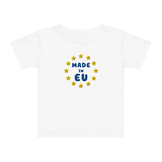 White "Made in EU" Embroidered Baby T-shirt Front View