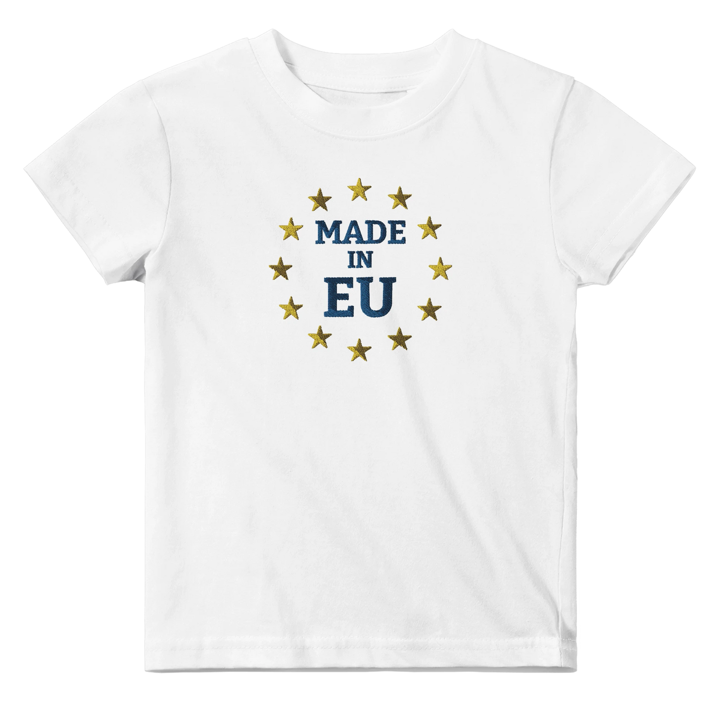 White "Made in EU" Embroidered Baby T-shirt Front View