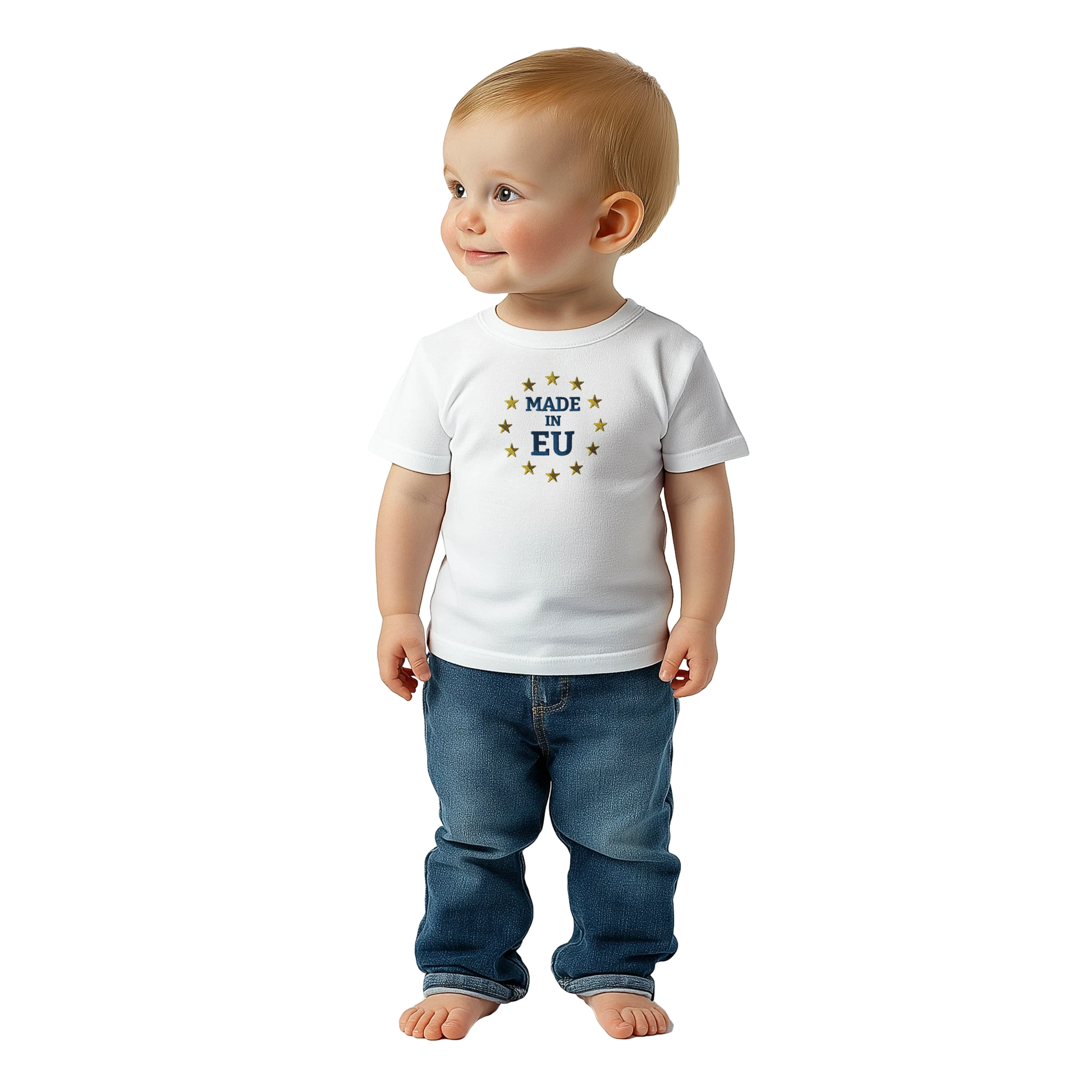 White "Made in EU" Embroidered Baby T-shirt on an AI Baby Boy Front View