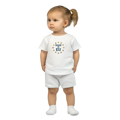 White "Made in EU" Embroidered Baby T-shirt on an AI Baby Girl Front View